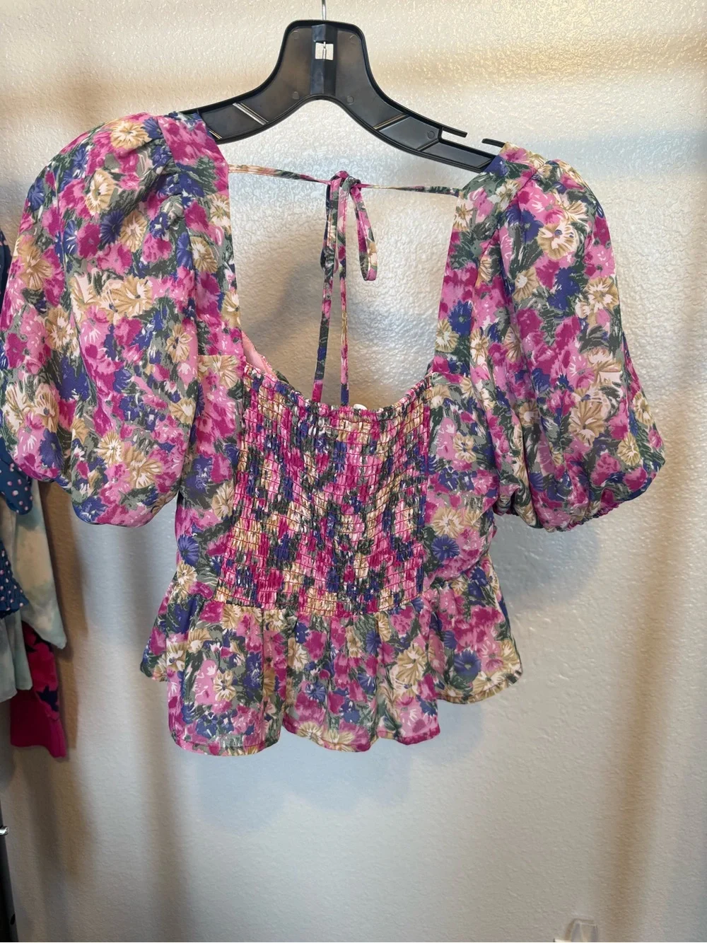 ASTR Floral Puff Sleeve Top in Pink, Green, Blue & Cream